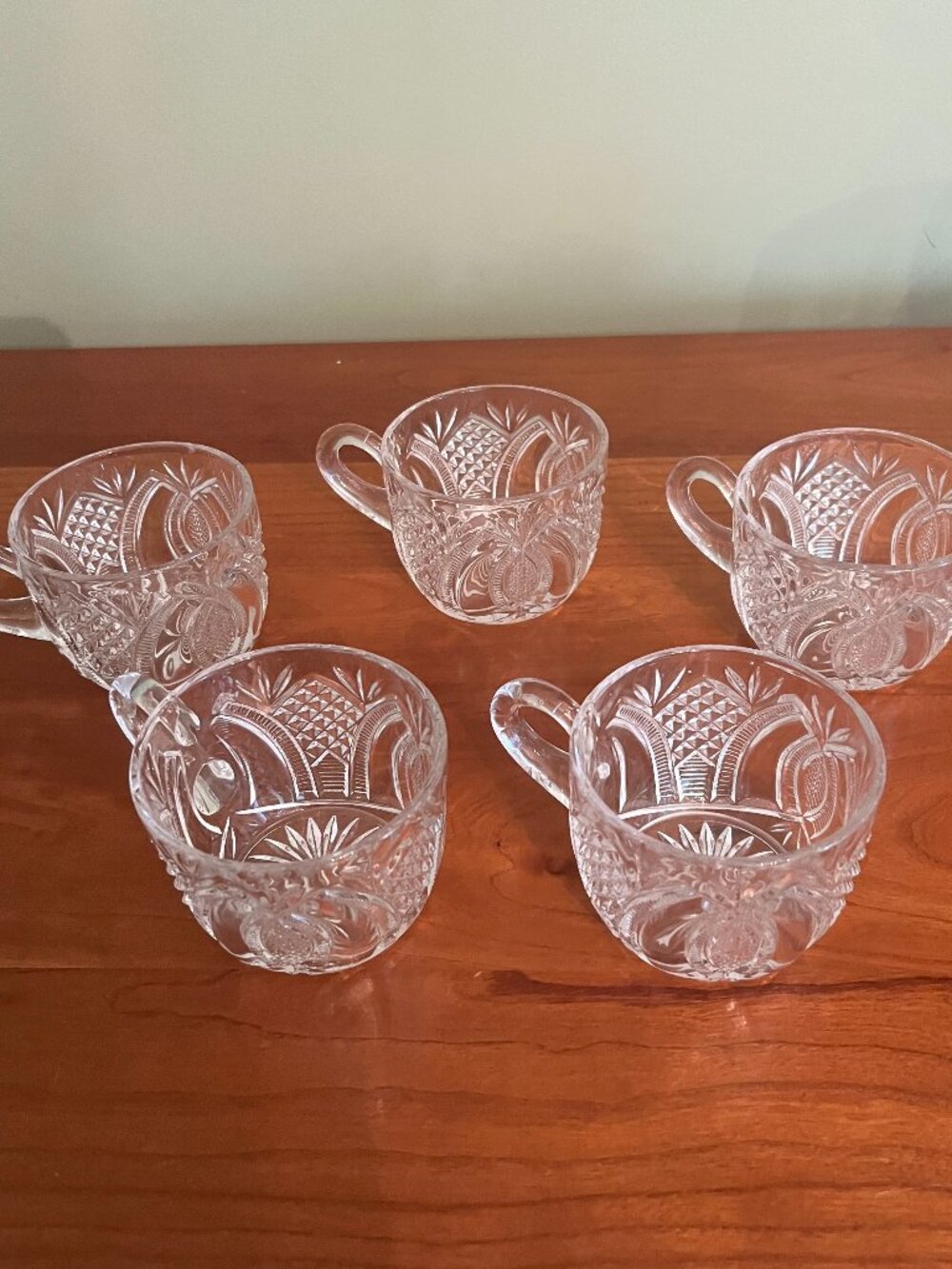 5 EAPG crystal punch cups pineapple and fan pattern